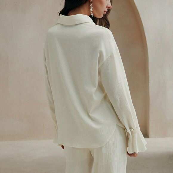 Elegant Pearl Decor Ruffle Sleeve Beige Blouse -	Beige - Picture 3 of 7